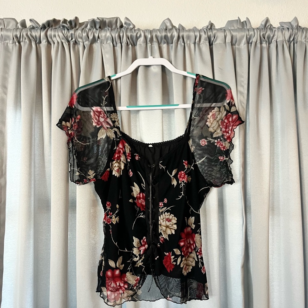 Floral Black lace up mesh Women's Top